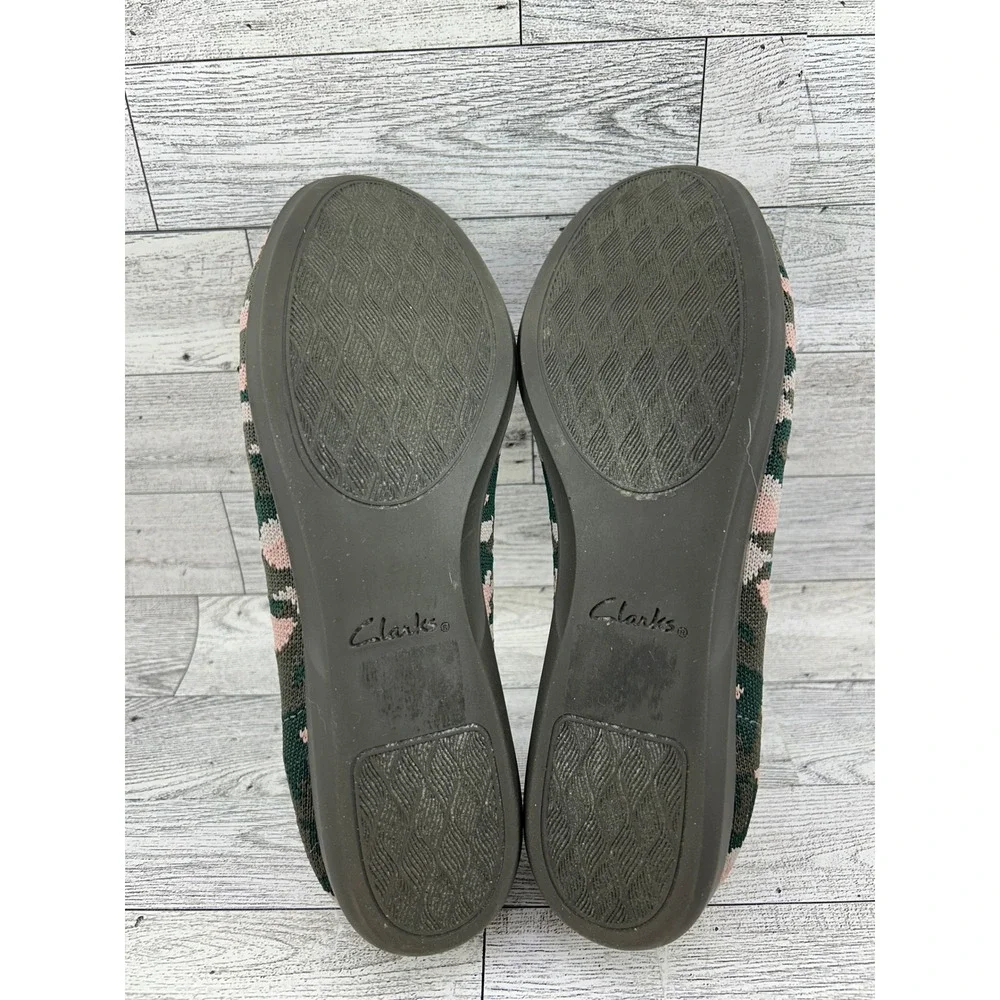 Clarks Women Camo Ballet Flats Pink Green‎ Brown Bow Slip On Shoes Size 8M